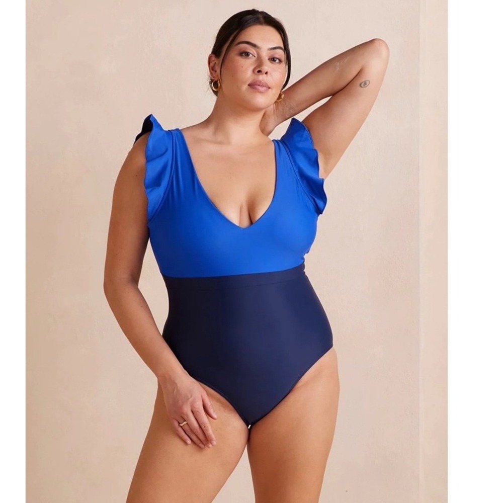 Summersalt One Piece The Ruffle Backflip 16 Blue Colorblock Flutter V-Neck New